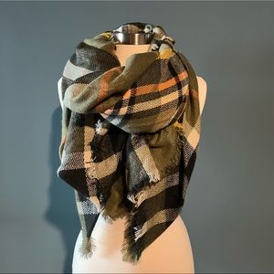 Plaid Blanket Scarf - Olive Green